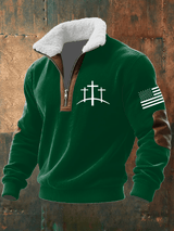 Men's Faith Print Knitted Fabric Zipper Fur Collar Long-Sleeved Sweatshirt