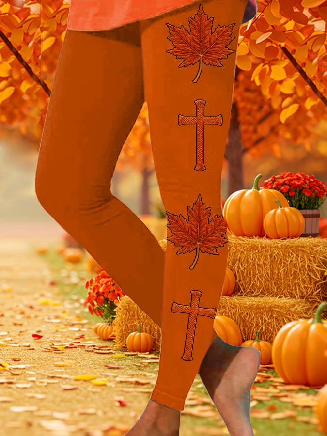 Women’s Retro Autumn Pumpkin Cross Print Leggings