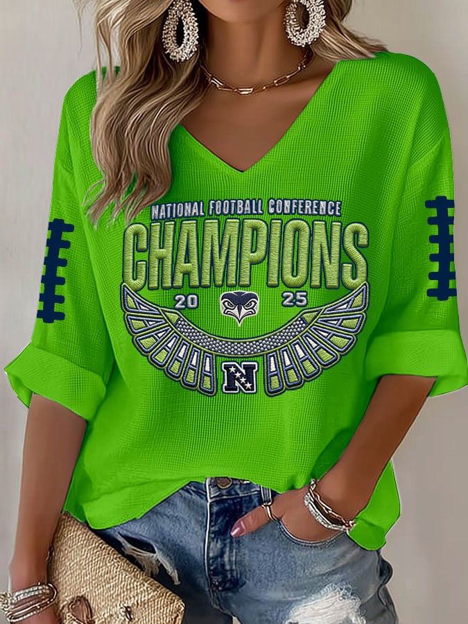 Women's Football Print Waffle Long Sleeve T-Shirt