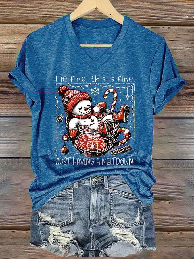 V-Neck Retro Christmas Funny Snowman Hot Cocoa I'm Fine, This Is Fine Just Having A Meltdown Print T-Shirt