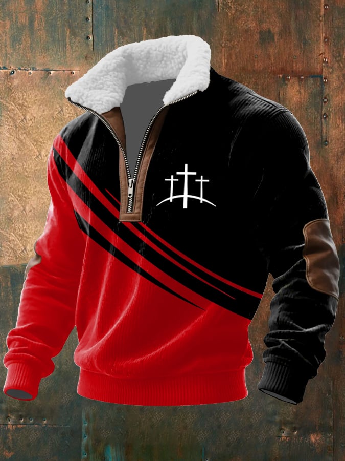 Men's Vintage Faith Design Printed Knit Fabric Zipper Fur Collar Long Sleeve Sweatshirt