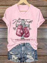 V-Neck Retro Breast Cancer Awareness I'll Bring My Hard Fought Heartfelt Been Through Hell Hallelujah Cross And Boxing Gloves Print T-Shirt