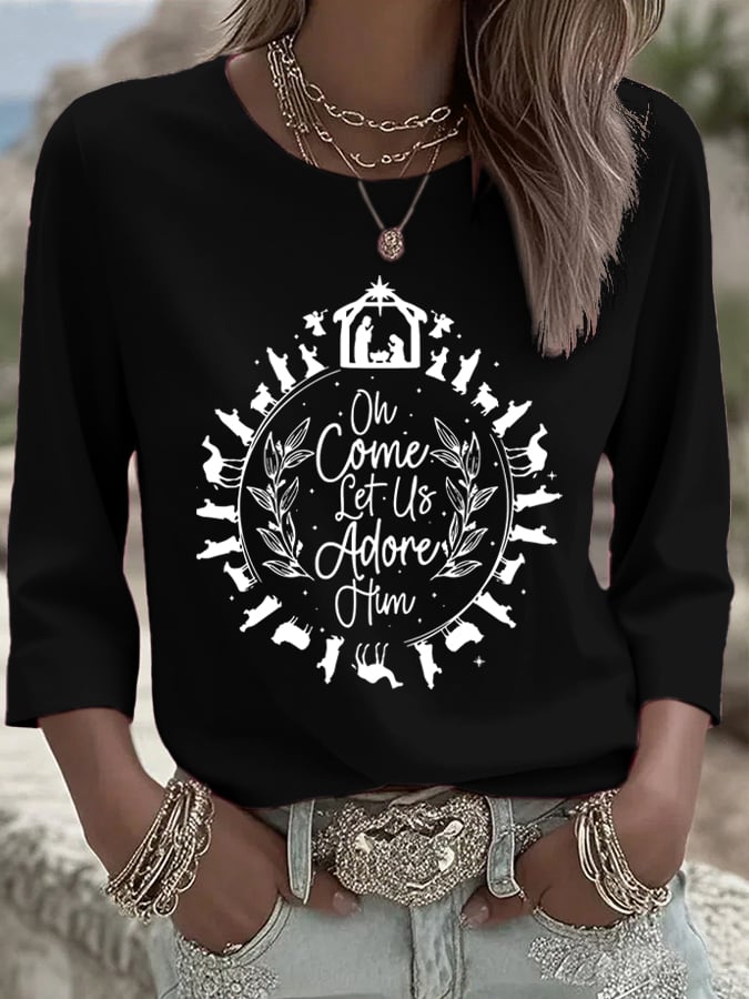 Women's Come Let Us Worship Him Together Faith Printed T-shirt