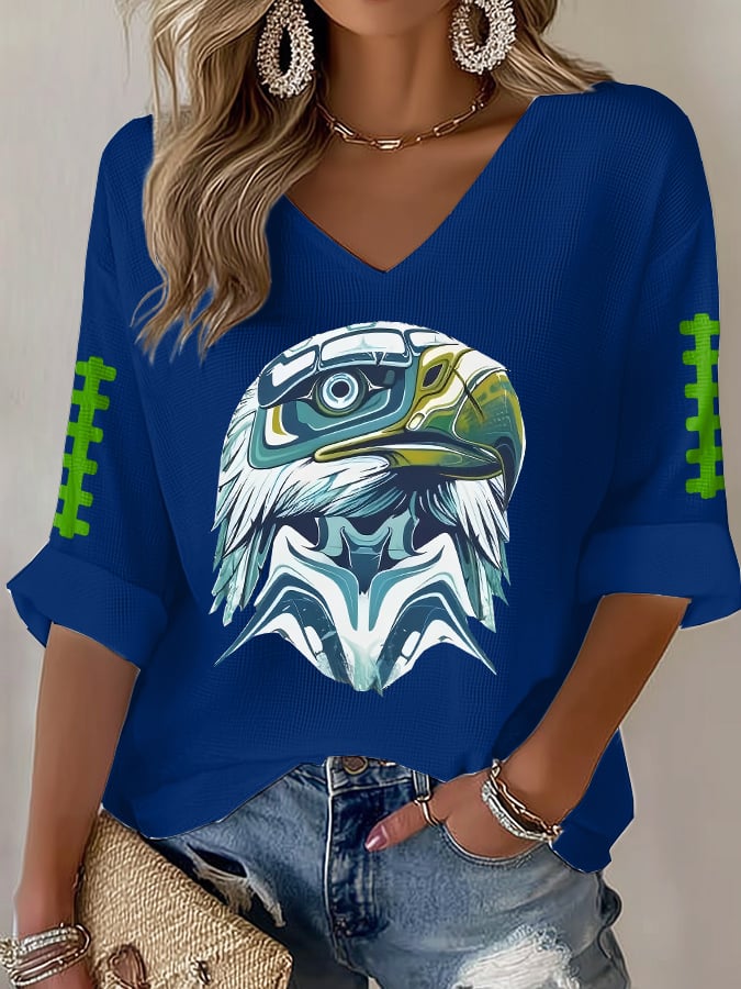 Women's Rugby Print Waffle Long Sleeve T-Shirt