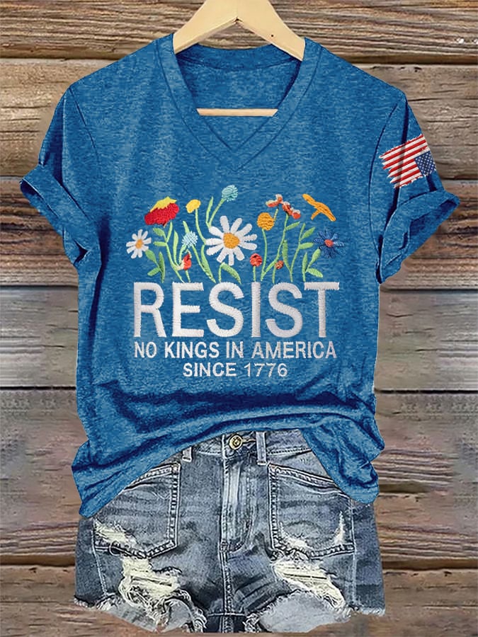 🔥Buy 3 Get 15% Off🔥V-Neck Retro Resist No Kings In America Since 1776 Print T-Shirt