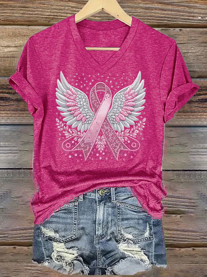 Women's casual pink ribbon wings T-shirt