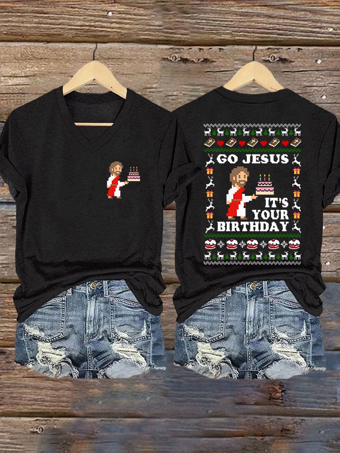 Women'S Casual Christmas "Jesus, It'S Your Birthday" Print Short Sleeve T-Shirt