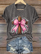 V-Neck Retro Breast Cancer Awareness Faith Cross Pink Ribbon If You’Re Hanging On By A Thread Make Sure It’s The Hem Of His Garment Matthew 9:20-22 Print T-Shirt