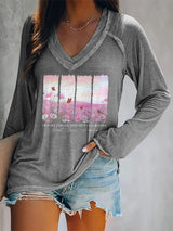 V-neck Retro Breast Cancer Awareness In Pink Fields, Her Spirit Lingers Print T-Shirt