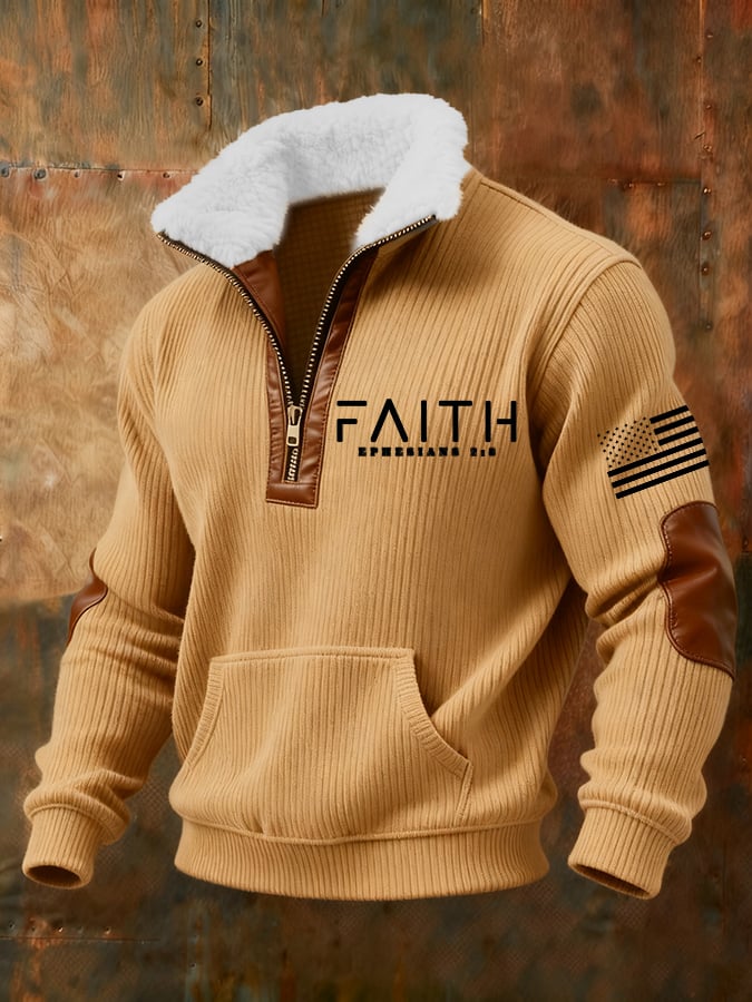 Men's Retro Faith Cross Print Zipper Fur Collar Long Sleeve Sweatshirt