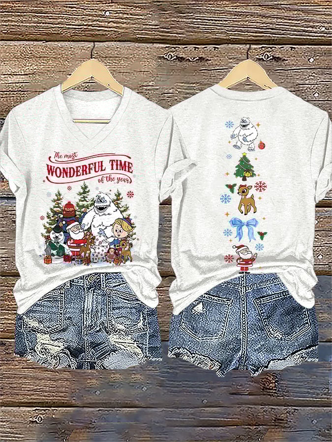 V-Neck Retro Christmas The Most Wonderful Time Of The Year Print T-Shirt