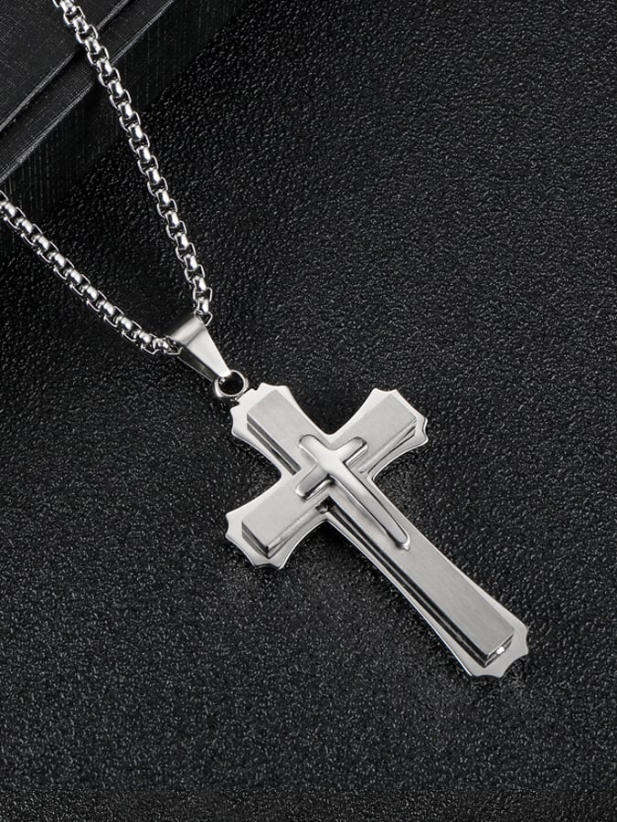 Men's Street Cross Pendant Titanium Three Layer Three-Dimensional Steel Necklace