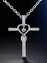 Women's Cross Encrusted Zircon Pendant Love Shaped Birthstone Necklace