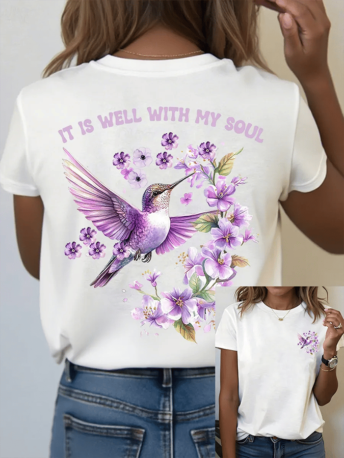 Women's It is Well With My Soul Floral Hummingbird Print T-Shirt