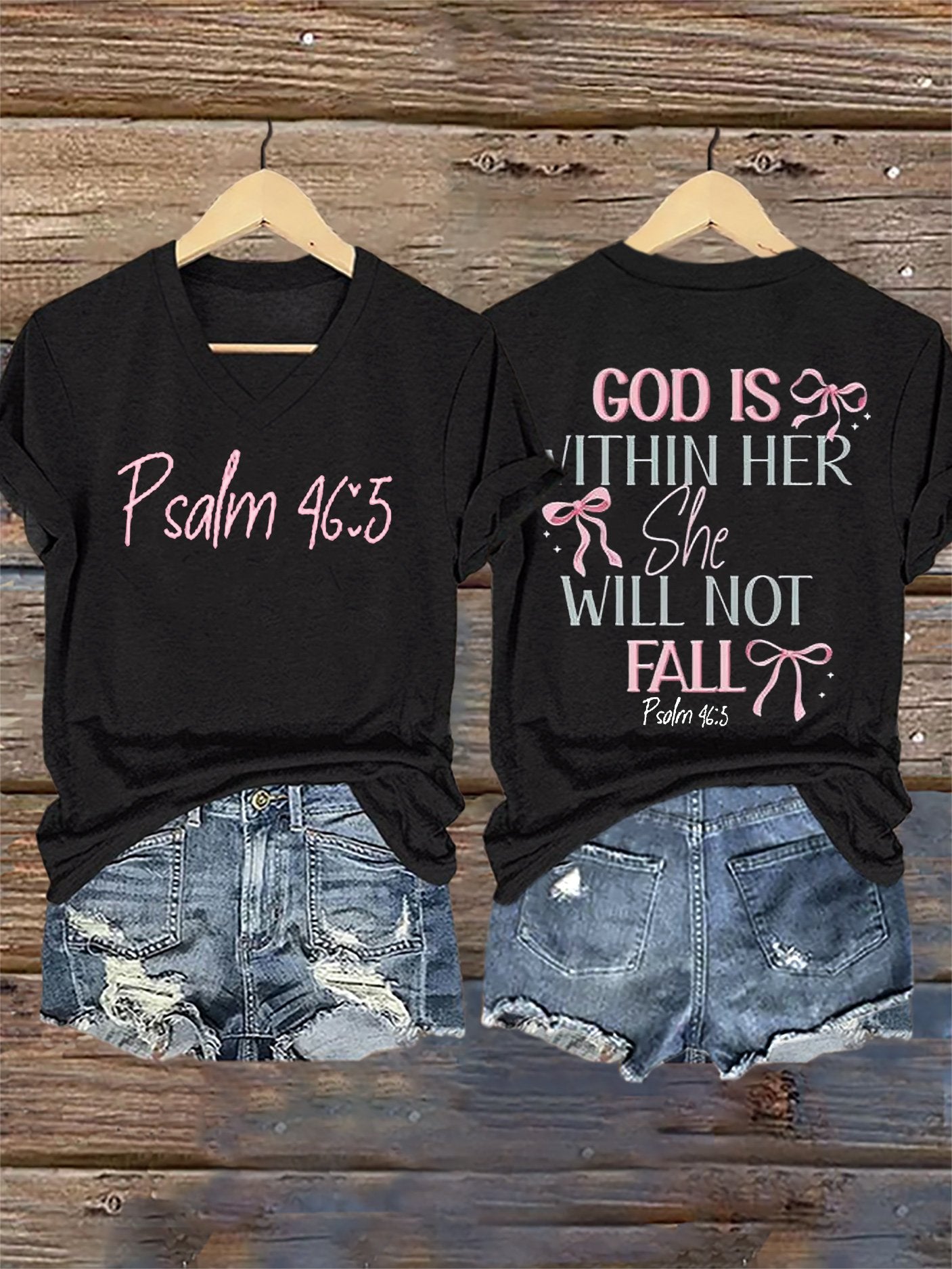 V-Neck Retro God Is Within Her She Will Not Fall Psalms 46:5 Print T-Shirt