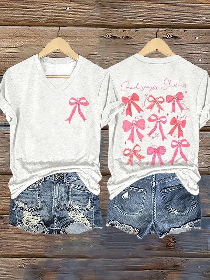 V-Neck Retro Breast Cancer Awareness Bow God Says She Is Hope Strength Courage Faith Unity Fight Support Love Survivor Print T-Shirt