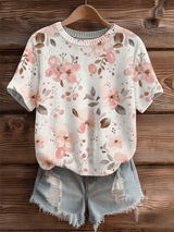 Women's Breast Cancer Floral Art Print Short Sleeve T-Shirt