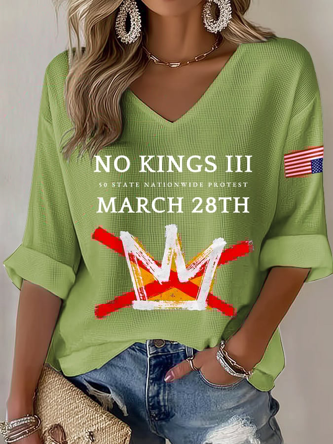 🔥Buy 3 Get 15% Off🔥V-Neck Retro No Kings III 50 State Nationwide Protest March 28th Print T-Shirt