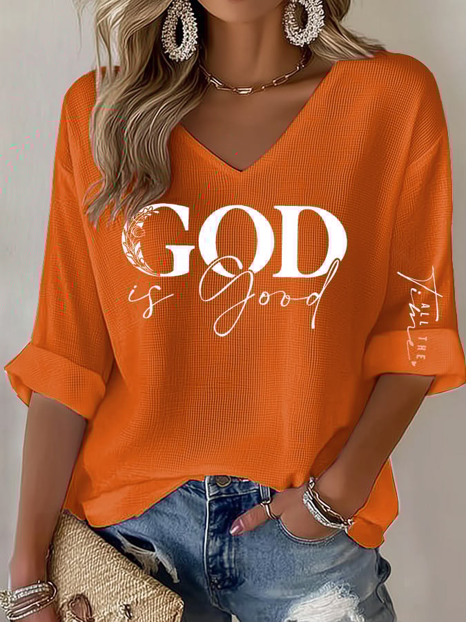 Women's casual God is good at all times waffle long-sleeved T-shirt