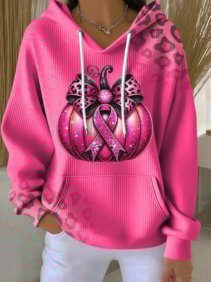 Women's casual pink leopard print ribbon pumpkin texture hoodie