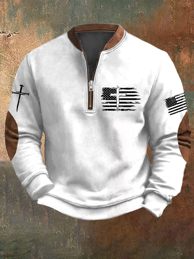 Men's Flag Cross Printed Zip Collar Sweatshirt