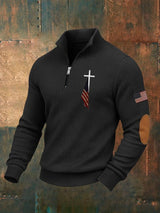 Men's Cross and Flag Print Zipper Collar Sweatshirt