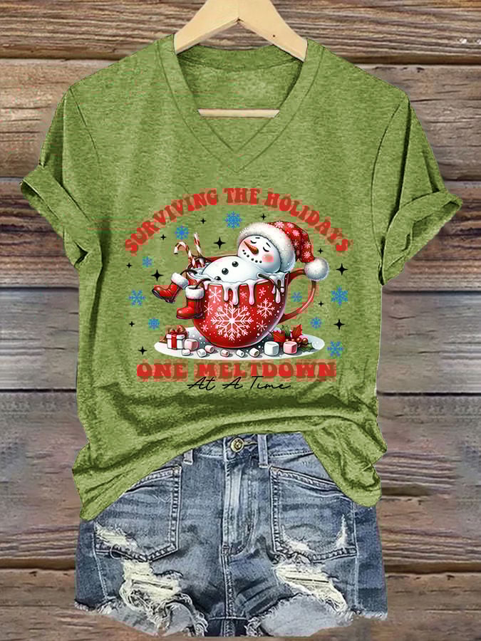 V-Neck Retro Christmas Snowman In Coffee Surviving The Holidays One Meltdown At A Time Print T-Shirt