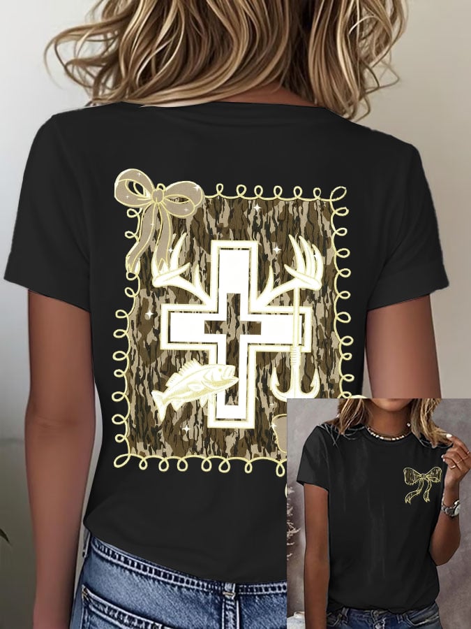 Women's Retro Faith Fishing Hunting Print T-Shirt