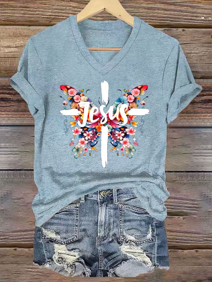 Women's Jesus Butterfly Cross Print Short Sleeve T-Shirt