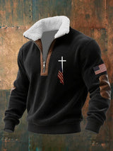 Men's Faith Print Knitted Fabric Zipper Fur Collar Long-Sleeved Sweatshirt