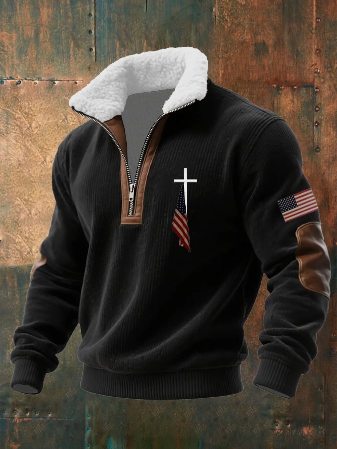 Men's Faith Print Knitted Fabric Zipper Fur Collar Long-Sleeved Sweatshirt