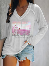 V-neck Retro Breast Cancer Awareness In Pink Fields, Her Spirit Lingers Print T-Shirt