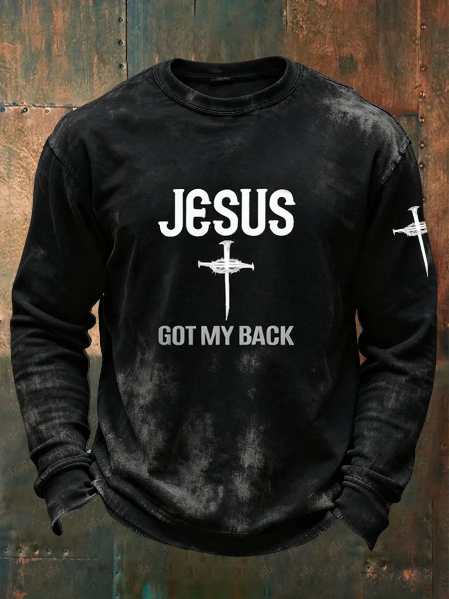 Men's Retro Jesus Got My Back Printed Crew Neck Sweatshirt