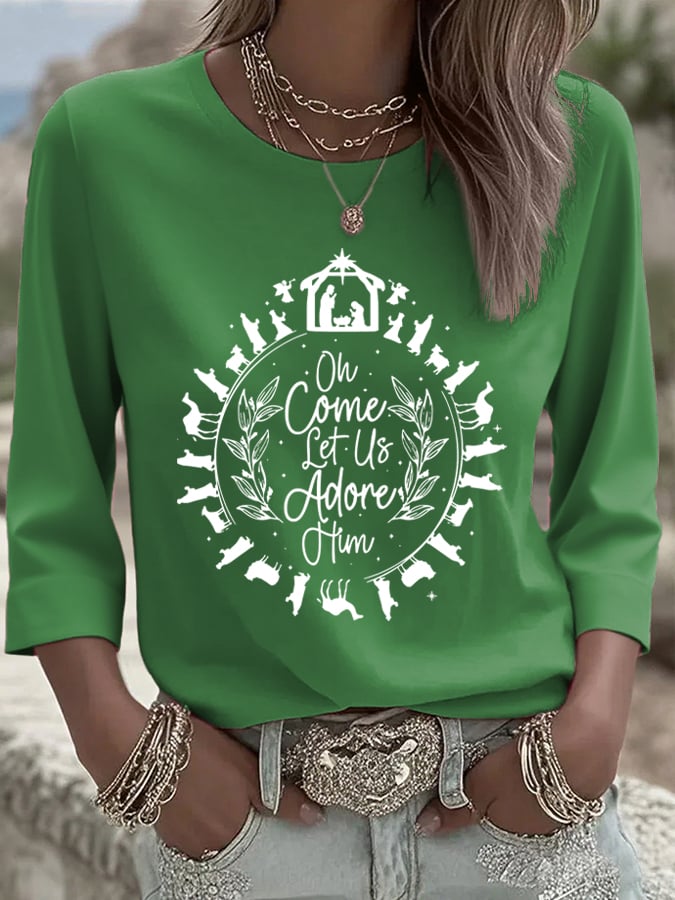 Women's Come Let Us Worship Him Together Faith Printed T-shirt