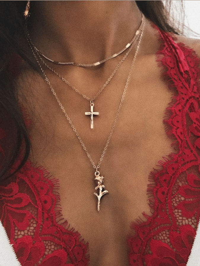 Women's Golden Cross Rose Pendant Multi-Layer Necklace