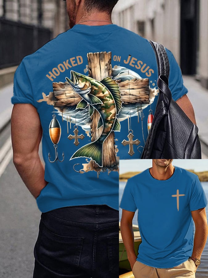 Men's Vintage Faith Attracted by Jesus Fishing Print T-Shirt
