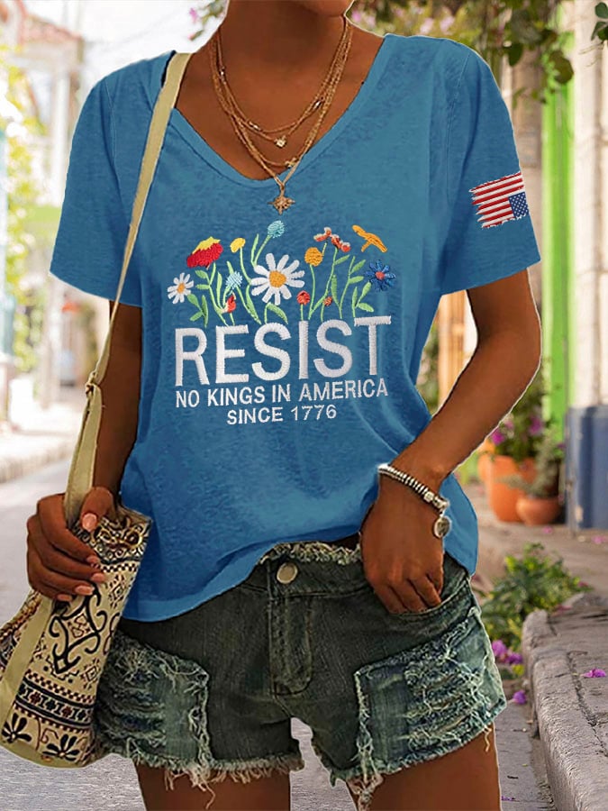 🔥Buy 3 Get 15% Off🔥V-Neck Retro Resist No Kings In America Since 1776 Print T-Shirt