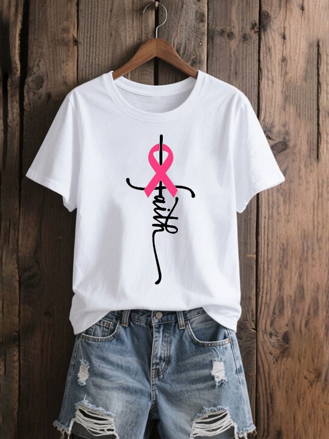 Women's Breast Cancer Awareness Faith Cross Print Casual T-Shirt