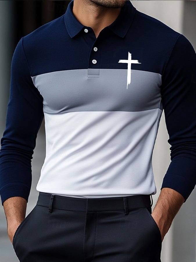 🔥Buy 3 Get 15% Off🔥Men's Retro Geometric Faith Cross Print Long Sleeve Polo Shirt