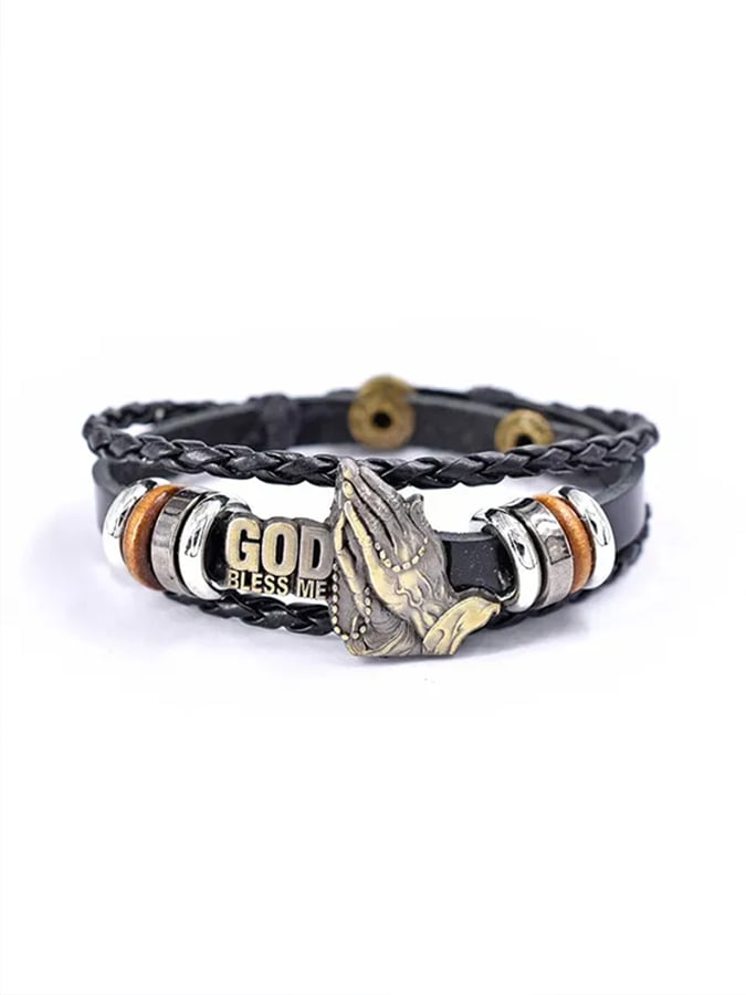 (Unisex) Vintage Prayer Bracelet God Bless Snap Buckle Cowhide Bracelet
