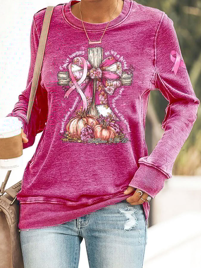 Retro  Breast Cancer Awareness Faith Cross Pink Ribbon If You’Re Hanging On By A Thread Make Sure It's The Hem Of His Garment Matthew 9:20-22 Print Sweatshirt
