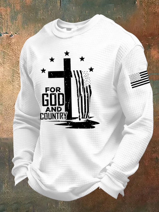 Men's USA Flag Cross For God And Country Print Casual Waffle T-Shirt