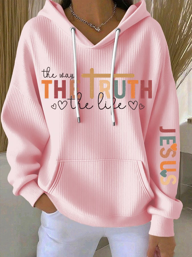 Women's Faith Cross Contrast The Way The Truth The Life Print Casual Hooded Sweatshirt