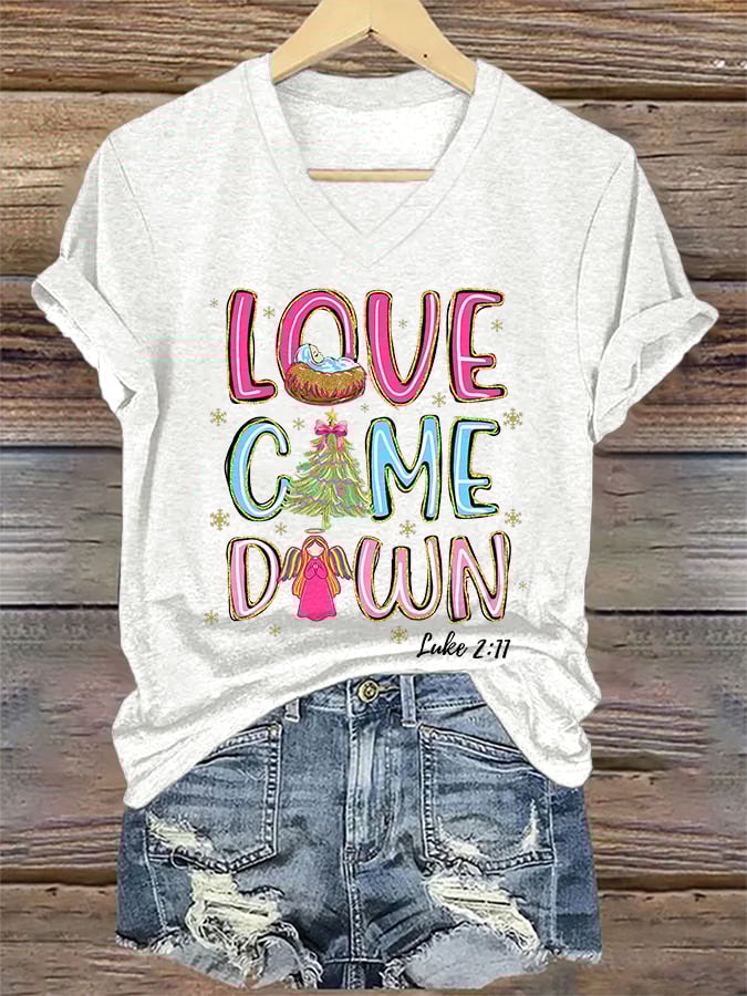 V-Neck Retro Christmas Faith Love Came Down Print T-Shirt