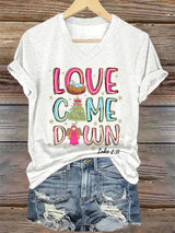 V-Neck Retro Christmas Faith Love Came Down Print T-Shirt