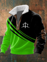 Men's Vintage Faith Design Printed Knit Fabric Zipper Fur Collar Long Sleeve Sweatshirt