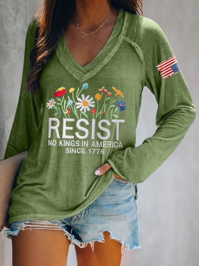 🔥Buy 3 Get 15% Off🔥V-neck Retro Resist No Kings In America Since 1776 Print T-Shirt