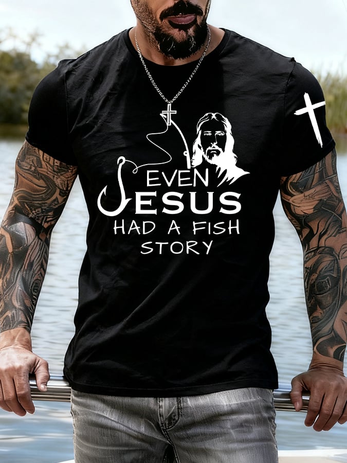 Men's Jesus Also Told The Story Of The Fish Printed T-Shirt