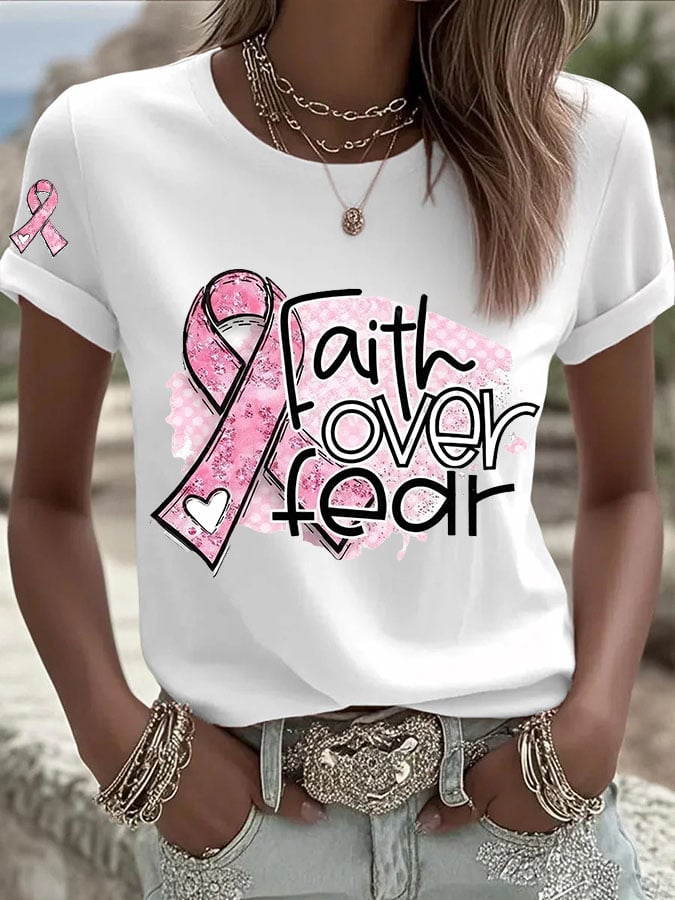 Women's Breast Cancer Faith Cross Faith over fear Print Casual T-shirt