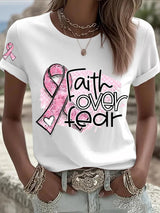 Women's Breast Cancer Faith Cross Faith over fear Print Casual T-shirt